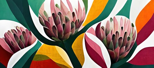 King protea abstract colorful pattern wallpaper, cape flora with red, green and orange color tone - obrazy, fototapety, plakaty