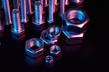 Set of bolts nuts nails metal fasteners. Consumable hardware tools. assortment steel screws...