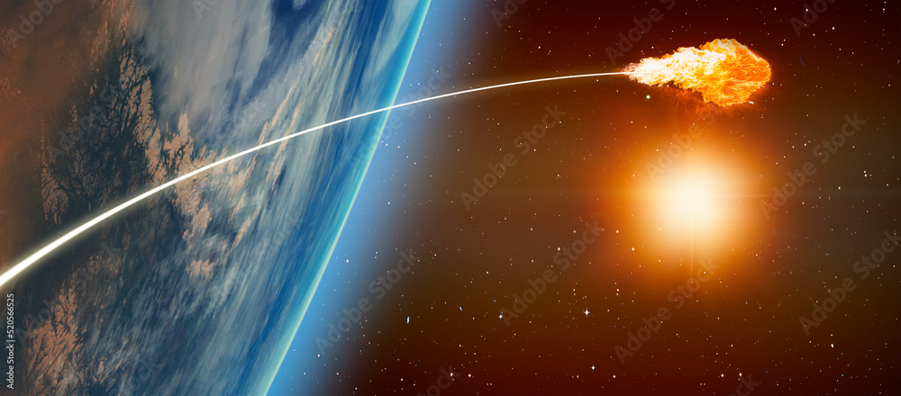 Poster A rocket sent into space explodes in the vacuum of space - Long Exposure Night Time Rocket Launch - Planet Earth with a spectacular sunset 