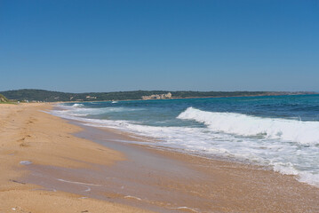 White sand beach with crystal clear azure sea water in Bulgaria. Black sea