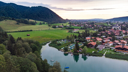 Evening aerial view of lake in the Alps. Schliersee in south Germany 