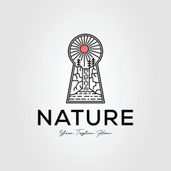 natural waterfall with cliff on keyhole logo vector illustration design
