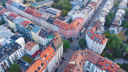 Munich Streets near the city centre seen from above aerial top view of a German city in summer