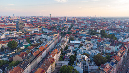Fototapeta na wymiar Early morning aerial bird view of Munich
