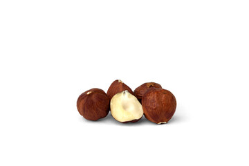Peeled hazelnuts isolated on white background.