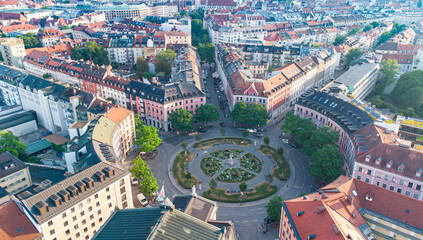 Munich Streets near the city centre seen from above aerial top view of a German city in summer