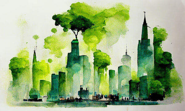 green city concept, watercolour illustration, digital art