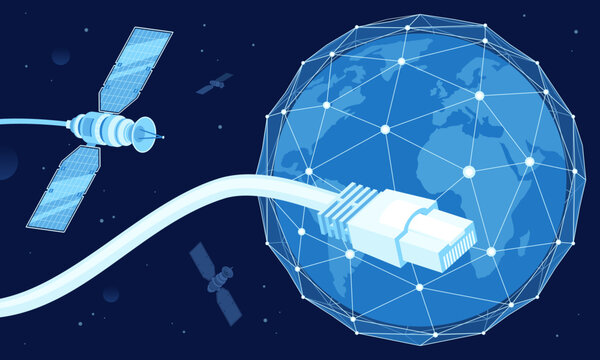Global satellite internet, flat vector illustration and Earth in space in network lines of data flows