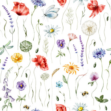 Watercolor floral seamless pattern – Wildflowers: summer flower, blossom, poppies, chamomile, dandelions, cornflowers, lavender, violet, bluebell, clover, buttercup, butterfly