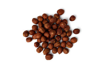 Peeled hazelnuts isolated on white background.