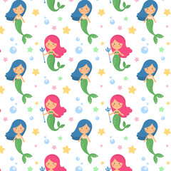 Cute cartoon mermaid seamless pattern. Pretty girls with pink and blue hair and green tails. Beautiful smiling sea kids, children vector background, texture design.