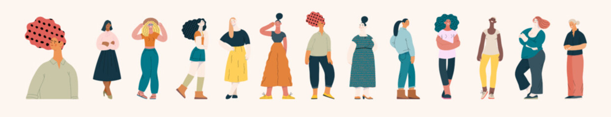 People portrait - Women portratits set -Modern flat vector concept illustration of standing women, user avatars, full-length portraits Illustration on feminism protest, girl power, ethnicity diversity
