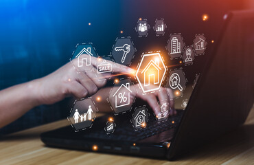 Real estate concept. Businessman using tablet for selling real estate.Choose, buy and sell homes online. realtor agency contractor. new home for the family, home search, property tax