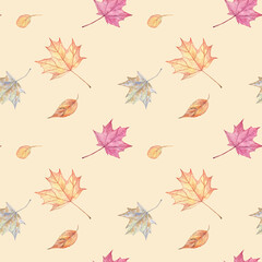 Autumn seamless pattern with watercolor maple leaves on yellow background