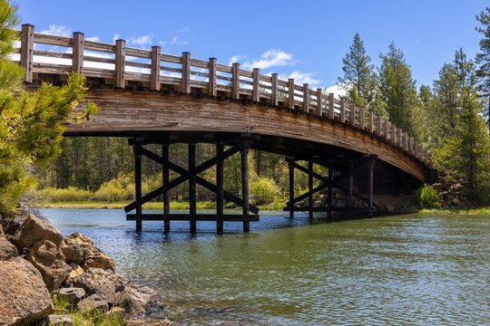 Scenic view of a wooden bridge on Deschutes River in Sunriver, Oregon