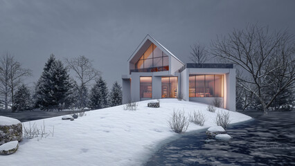 3D rendering illustration of modern house with snow landscape