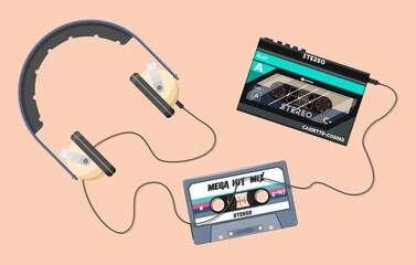 Headphones, a turntable and a retro compact cassette. Flat vector illustration of the top view.