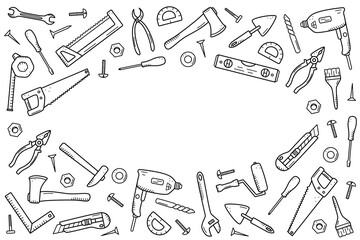 Construction tools, doodle vector set of repair elements, cartoon icons.