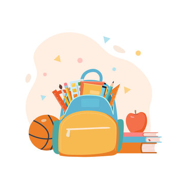 School backpack with education items. Stationary, books, ball and apple. Cartoon flat vector illustration