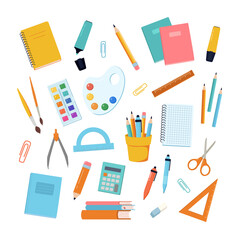 Back to school supplies and education items. Set of colored stationery,  textbooks, notebooks, calculator, drawing, ruler, brush, scissors. Flat Cartoon Vector Illustrations.