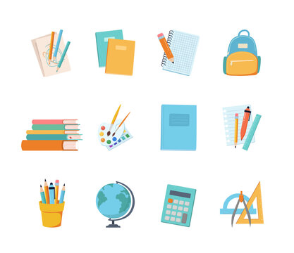 Back to school supplies and education items icon set. Set of colored stationery, diary, textbooks, notebooks, calculator, drawing, ruler, brush, globe. Flat Cartoon Vector Illustrations.