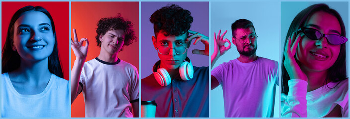 Collage. Portrait of young people, men and women posing isolated over multicolored background in neon light
