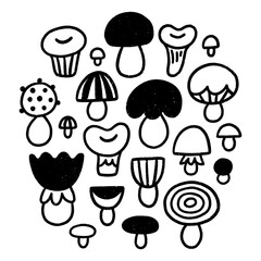 Funky doodle mushrooms composition, black and white cute abstract print, vector illustration, isolated on white background