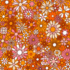 Fun retro orange floral vector pattern - 520575339