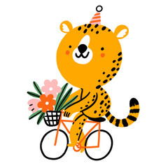Cheetah riding a bicycle, cartoon vector illustration