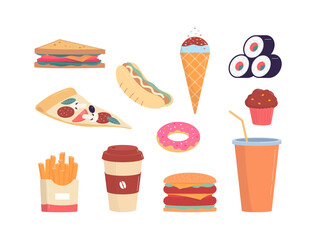 Fast Food menu items collection flat vector illustration isolated on white.