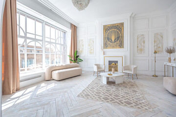 snow-white luxury apartment interior with Egyptian-style decor with light stylish furniture. huge panoramic windows and an archway. minimalism and simplicity with the elegance of modern housing design
