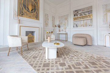 snow-white luxury apartment interior with Egyptian-style decor with light stylish furniture. huge panoramic windows and an archway. minimalism and simplicity with the elegance of modern housing design