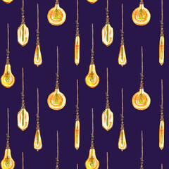Seamless watercolor pattern lamps on rope loft style, interior lighting Edison lamps on ropes, interiors on dark purple