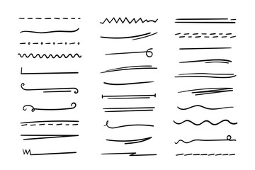 Handmade underlines set. Hand-drawn dividers, separators, borders, collection of doodle style various art elements for text decoration. Isolated. Vector illustration