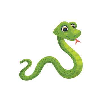 Funny cartoon snake with protruding tongue flat vector illustration isolated.