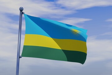 3D illustration of waving flag of Rwanda with a chrome flag pole on blue sky background