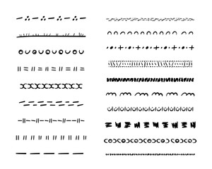 Hand drawn underlines set.Doodle ethnic dividers, separators, borders and welts boho style for decoration. Trendy Aztec underlines are painted by ink and pen. Isolated. Vector illustration