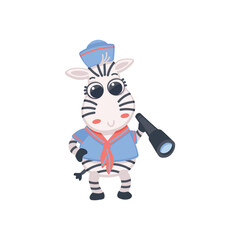 Naklejka na ściany i meble Cute zebra captain with spyglass character, flat vector illustration isolated.