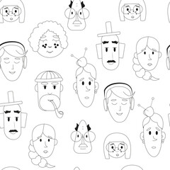 faces of people, men and women. seamless pattern on white background. cartoon style. vector illustration. linear style