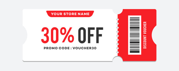 Discount voucher 30 percent vector, gift coupon template. White coupon mockup with 30 percent off Vector illustration.