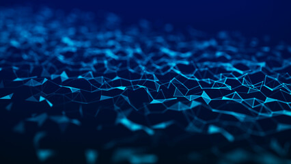Obraz premium Futuristic glowing wave. The concept of big data. Network connection. Cybernetics. Abstract dark background of blue lines and triangles connected by dots. 3d rendering.