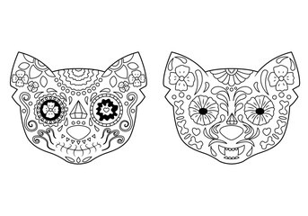 Two cat sugar skulls. The day of the Dead. Coloring book, design element for poster, card, banner, print.