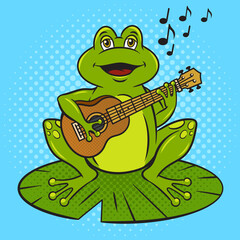 cartoon frog plays guitar ukulele and sings song pop art retro raster illustration. Comic book style imitation.