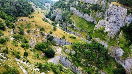 Aerial view of the road through the Cheddar Gorge in the United Kingdom
