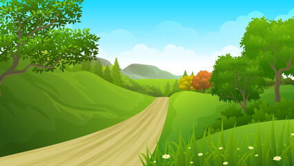 Dirt road between green hills and forests beautiful nature landscape