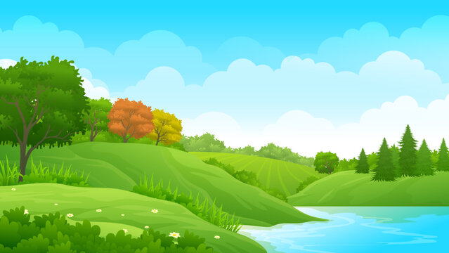 Peaceful lake between scenic green meadow cartoon landscape