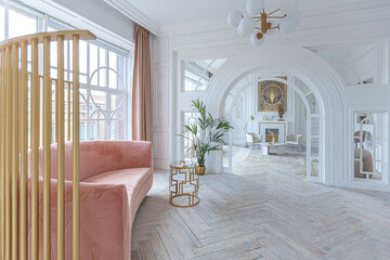 snow-white luxury apartment interior with Egyptian-style decor with light stylish furniture. huge panoramic windows and an archway. minimalism and simplicity with the elegance of modern housing design