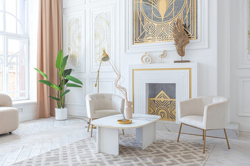 snow-white luxury apartment interior with Egyptian-style decor with light stylish furniture. huge panoramic windows and an archway. minimalism and simplicity with the elegance of modern housing design