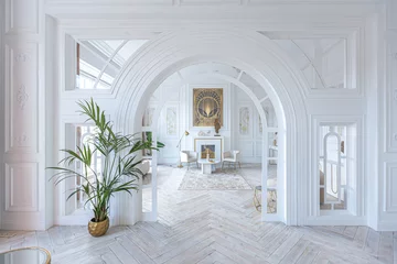 Fotobehang Hotel chique snow-white luxury apartment interior with Egyptian-style decor with light stylish furniture. huge panoramic windows and an archway. minimalism and simplicity with the elegance of modern housing design  © 4595886