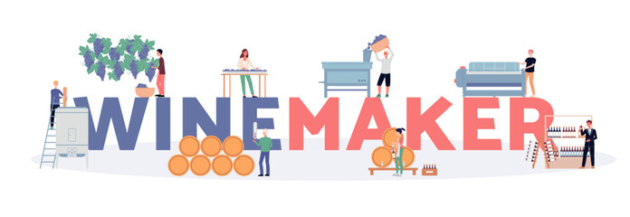 Obraz premium Winemaker header with people near barrels with wine, flat vector isolated.